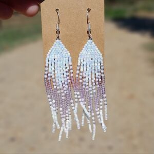 Unique Handmade Beaded Fringe Earrings Light Blue